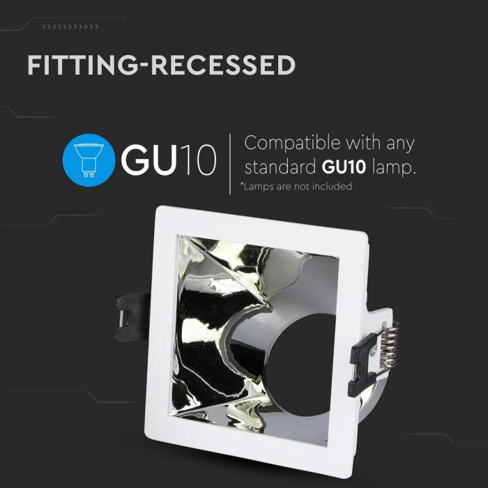 GU10 recessed frame/fixture, square, 85x85X62mm, recessed. Dimm. 80x80mm, white/chrome, V-TAC