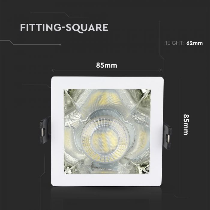 GU10 recessed frame/fixture, square, 85x85X62mm, recessed. Dimm. 80x80mm, white/chrome, V-TAC