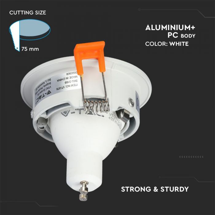 GU10 iebūvējams karkass/armatūra, apaļas formas, Ø85X32mm, iebūv. Izm. Ø75mm, balts, V-TAC