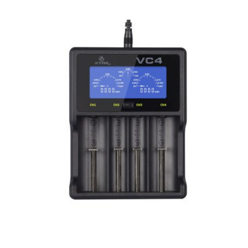 Xtar VC4 Universālais lādētājs, komplektā bateriju lādētājs+ USB vads, NiMH un Li-ion batterijas AA, AAA, R14, R20, 14500, 14650, 16340, 17500.17670, 18350, 18500, 18650, 18700, 20700, 21700, 22650, 25500, 26650