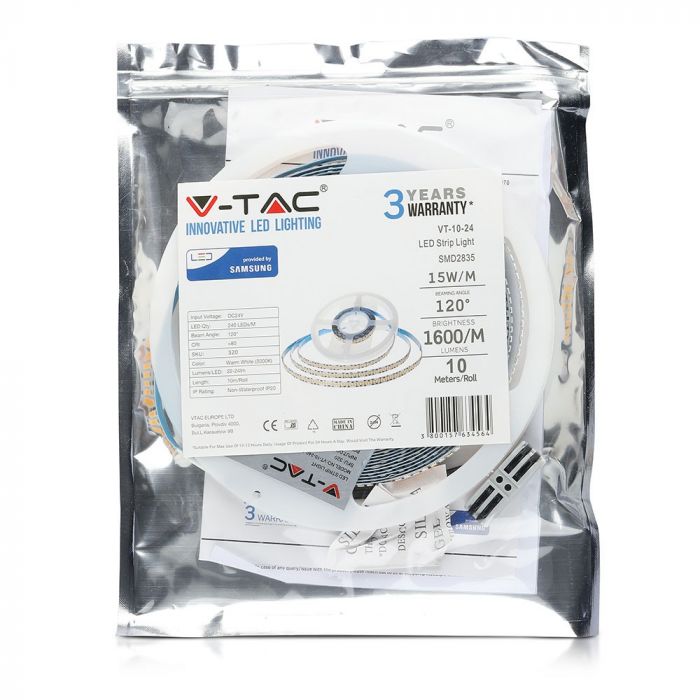 Price for 1m_15W(1600Lm) LED Tape, SMD2835, V-TAC SAMSUNG, waterproof IP20, 24V, neutral white light 4500K