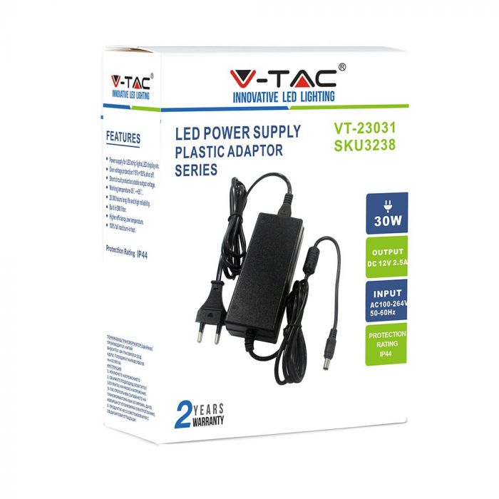 LED Power supply unit 12V 30W 2.5A IP44, plastic, with DC output, 220V, V-TAC