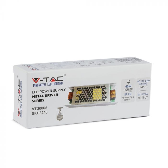 LED toiteplokk 12V 60W 5A, V-TAC, metall, 129x49x31mm, IP20,