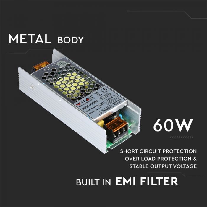 LED toiteplokk 12V 60W 5A, V-TAC, metall, 129x49x31mm, IP20,