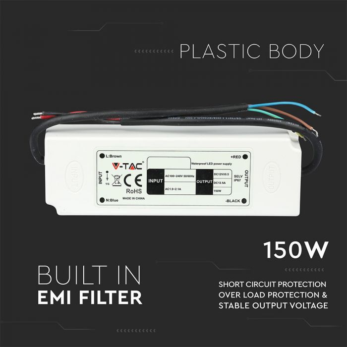 LED-strömförsörjning 12V 150W 12,5A, ABS-plast, IP67, V-TAC