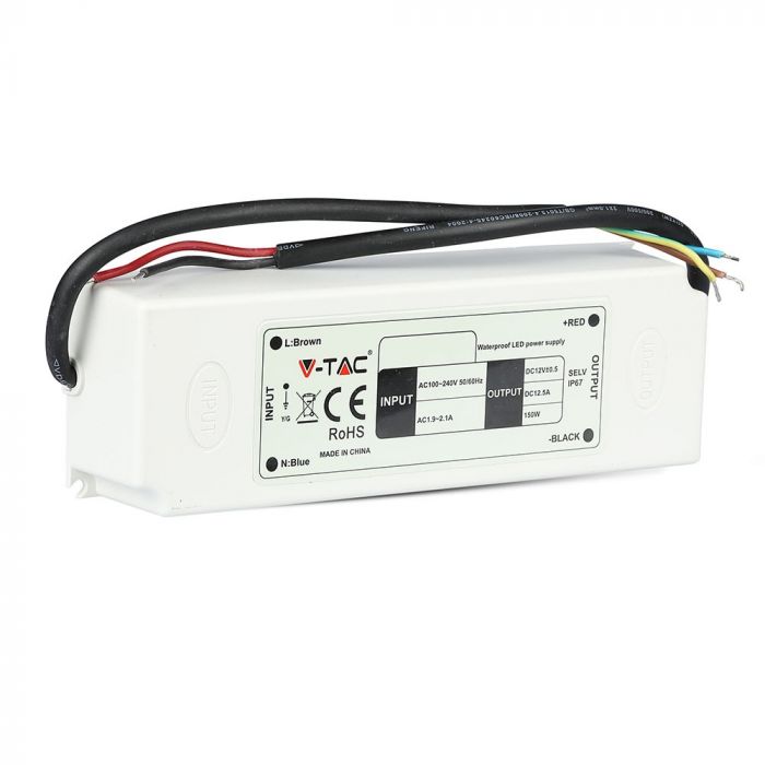 Светодиодный блок питания 12V 150W 12.5A, ABS пластик, IP67, V-TAC