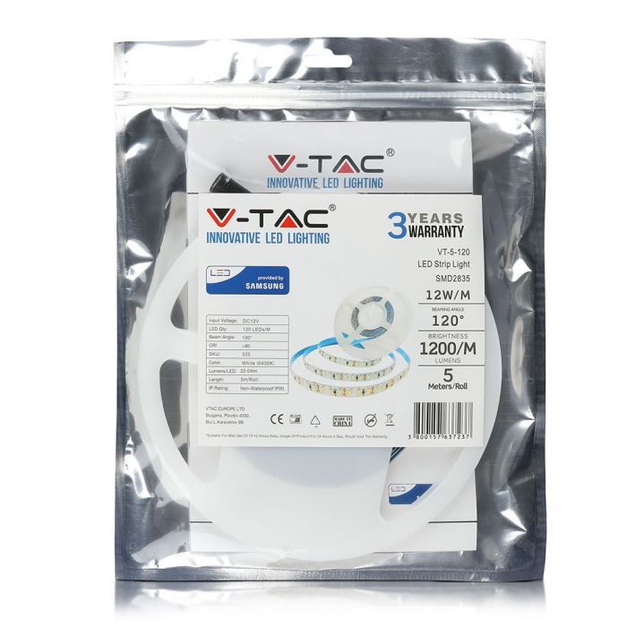 Price for 1m_12W/m (1200Lm/m) 120 LED Tape, SMD2835, V-TAC SAMSUNG, waterproof IP20, 12V, cold white light 6400K