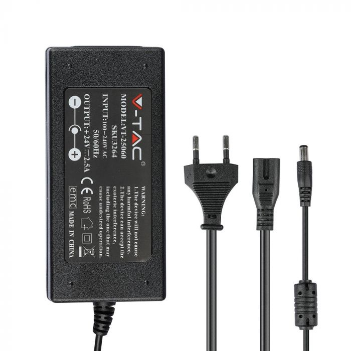 LED Barošanas bloks 24V 60W 2.5A, V-TAC, plastmasas, IP44