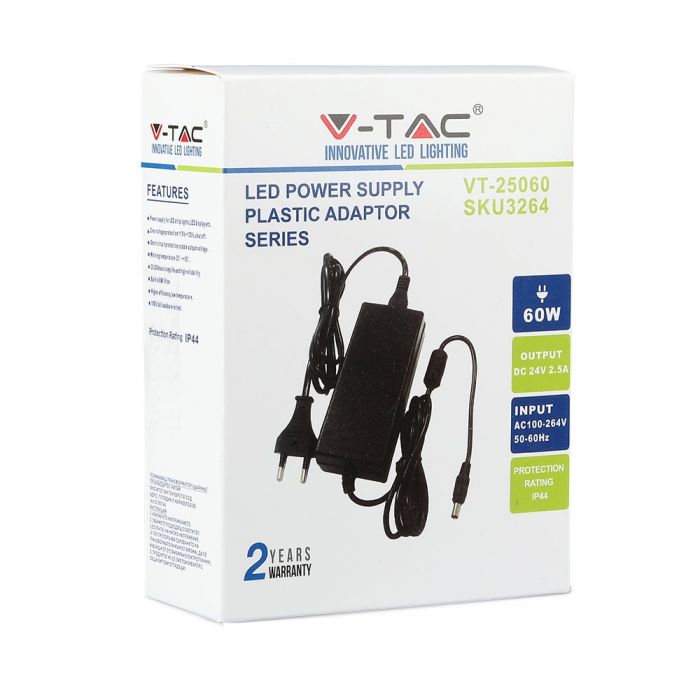 LED-strömförsörjning 24V 60W 2,5A, V-TAC, plast, IP44
