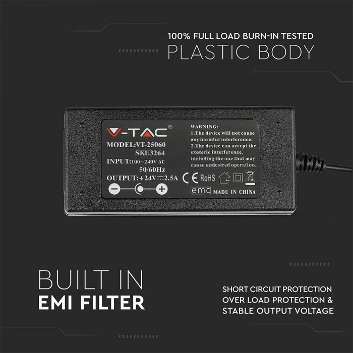 LED-strömförsörjning 24V 60W 2,5A, V-TAC, plast, IP44