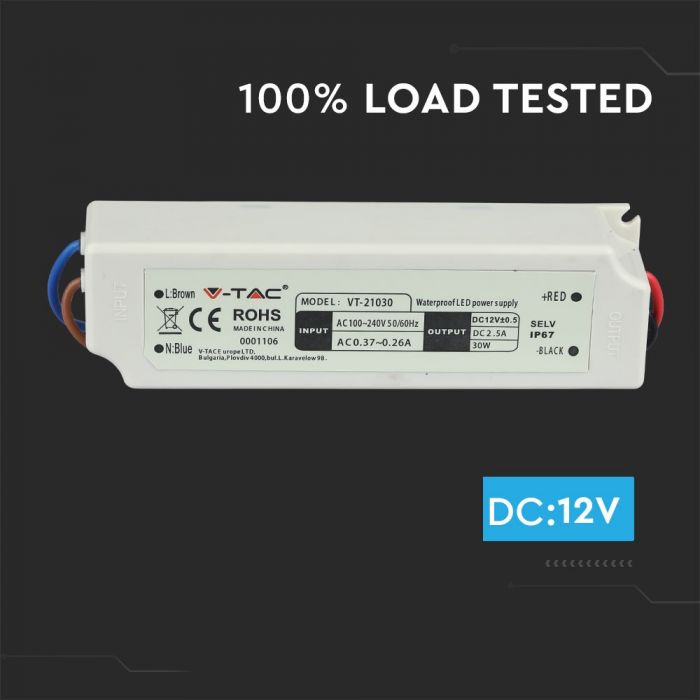 LED-strömförsörjning, 12V, 30W, IP67, plast, V-TAC