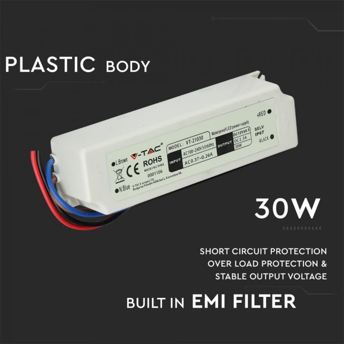 LED-strömförsörjning, 12V, 30W, IP67, plast, V-TAC