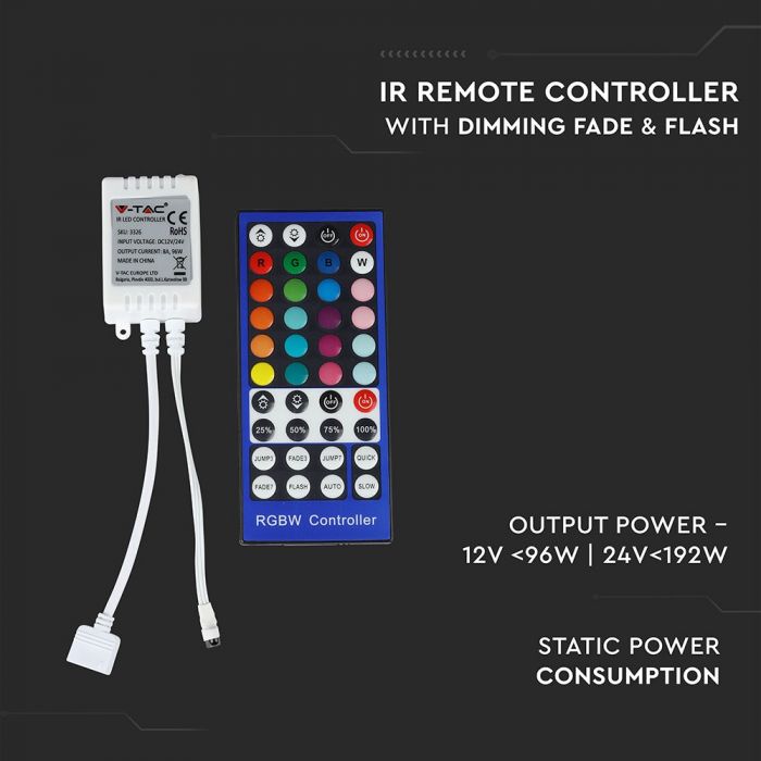 RGB+valge LED-riba kontroller koos kaugjuhtimispuldiga, IR-juhtimine, V-TAC