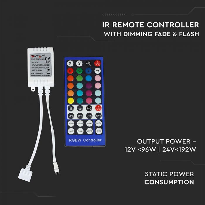 RGB+white LED strip controller with remote control, IR control, V-TAC