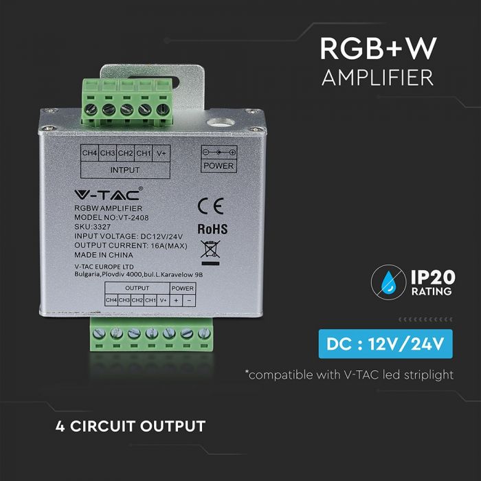 16A 192W LED RGB+White amplifier, 12V-24V, V-TAC