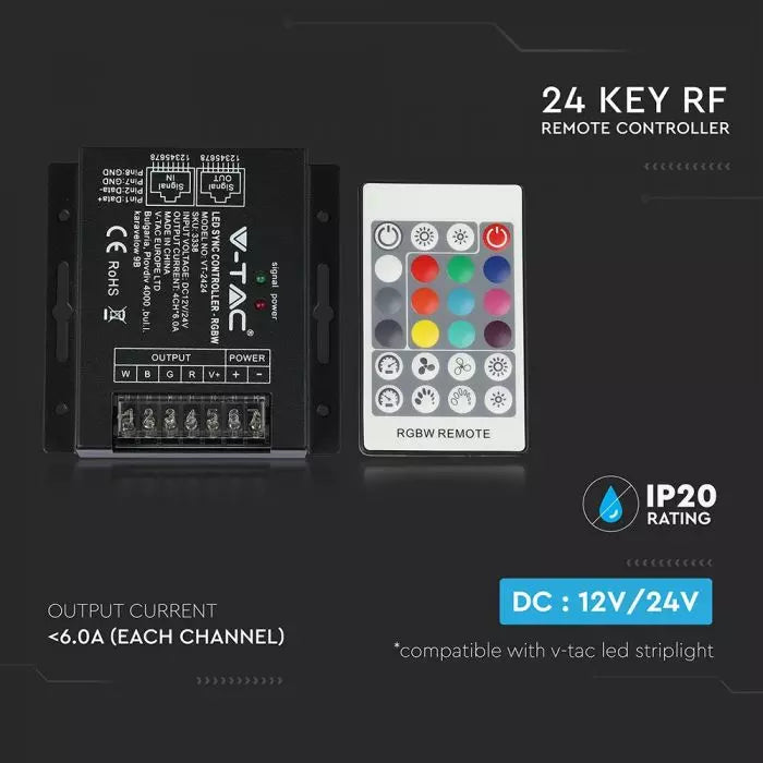 LED RGBW lentes kontrolieris, 24 pogas, RF signāls, 24A 288W, V-TAC