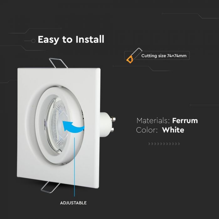 GU10 recessed frame/fixture, square, 99X99x31mm, recessed. Size: 5 mm Ø75mm, white, V-TAC