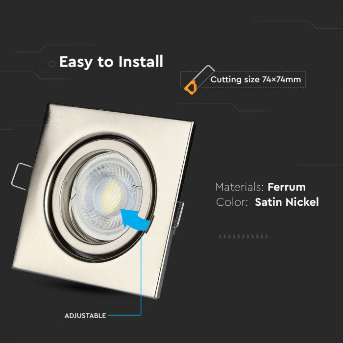 GU10 süvistatav raam/valgusti, kandiline, 99X99x31mm, süvistatav. Suurus: 5 mm Ø75mm, satiin nikkel, V-TAC