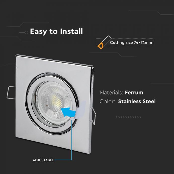 GU10 recessed frame/fixture, square, 99X99x31mm, recessed. Size: 5 mm Ø75mm, chrome-plated, V-TAC