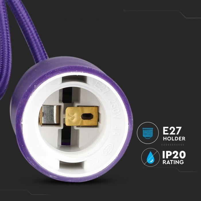 Фиолетовый патрон E27 со шнуром и потолочным соединением, V-TAC