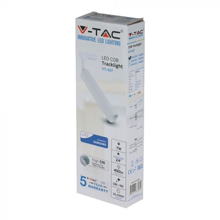 7W(490Lm) LED COB трековый прожектор, V-TAC SAMSUNG CHIP, IP20, 5 лет гарантии, теплый белый свет 3000K