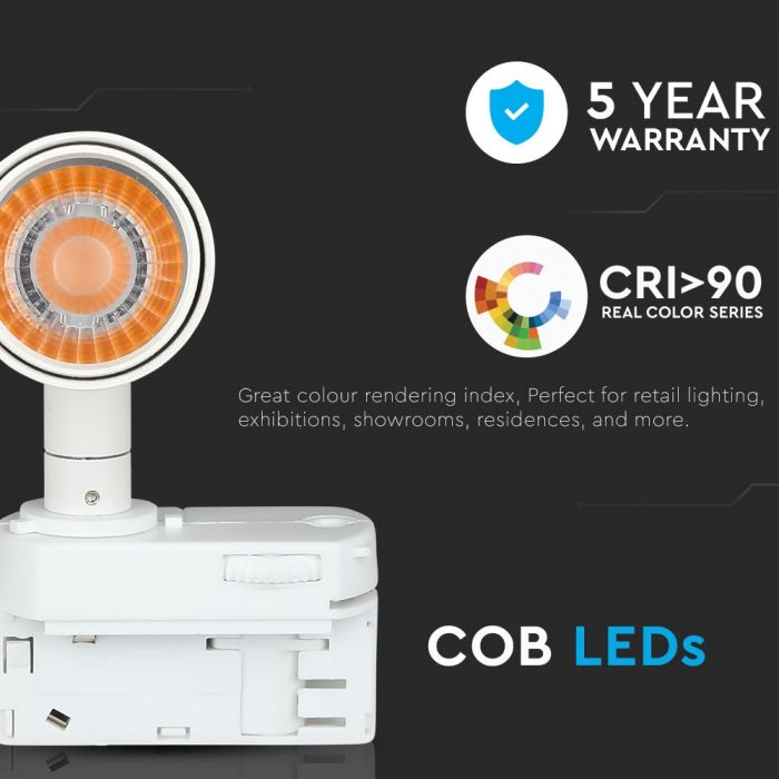 7W(490Lm) LED COB трековый прожектор, V-TAC SAMSUNG CHIP, IP20, 5 лет гарантии, теплый белый свет 3000K