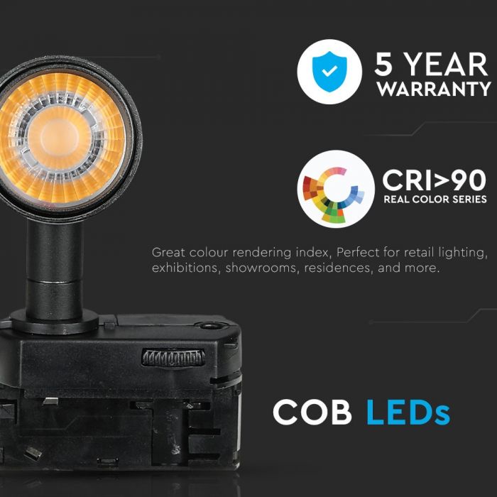 7W (420Lm) LED COB strålkastare för strömskenor, V-TAC SAMSUNG CHIP, IP20, 5 års garanti, varmvitt ljus 3000K