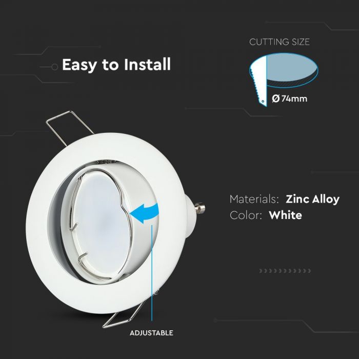 GU10 recessed frame/fixture, round, adjustable lighting angle, Ø82X25 mm, recessed Ø74 mm, white, V-TAC