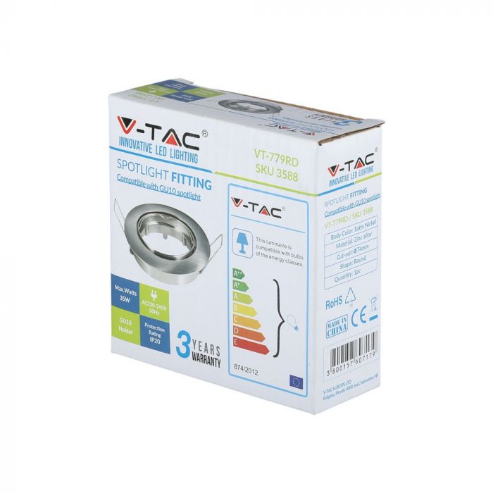 GU10 recessed frame/fixture, round, adjustable lighting angle, Ø82X25 mm, recessed Ø74 mm, satin nickel, V-TAC