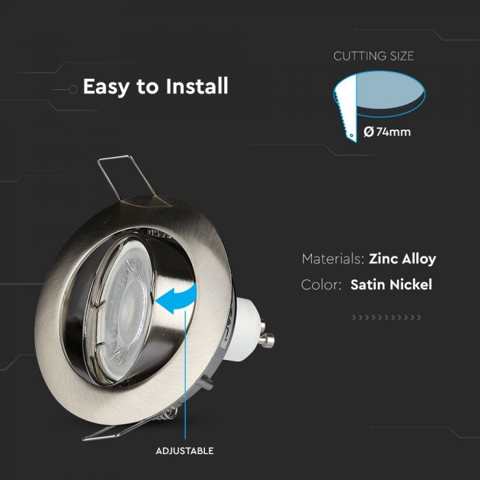 GU10 recessed frame/fixture, round, adjustable lighting angle, Ø82X25 mm, recessed Ø74 mm, satin nickel, V-TAC
