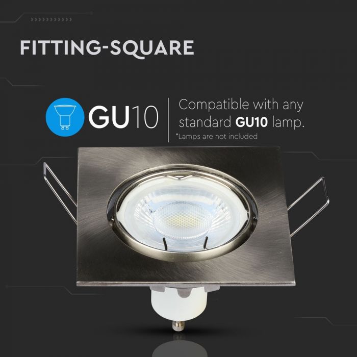 GU10 infälld ram/armatur, kvadratisk, justerbar ljusriktning, 80X80x25mm, infälld. Ø74mm, satin nickel, V-TAC
