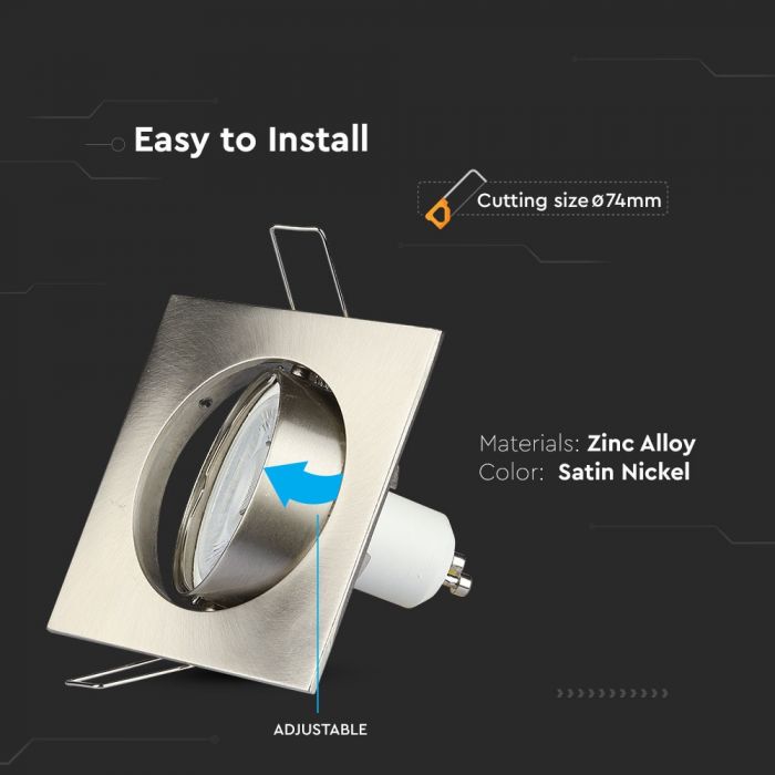 GU10 recessed frame/fixture, square, adjustable light direction, 80X80x25mm, recessed. Ø74mm, satin nickel, V-TAC