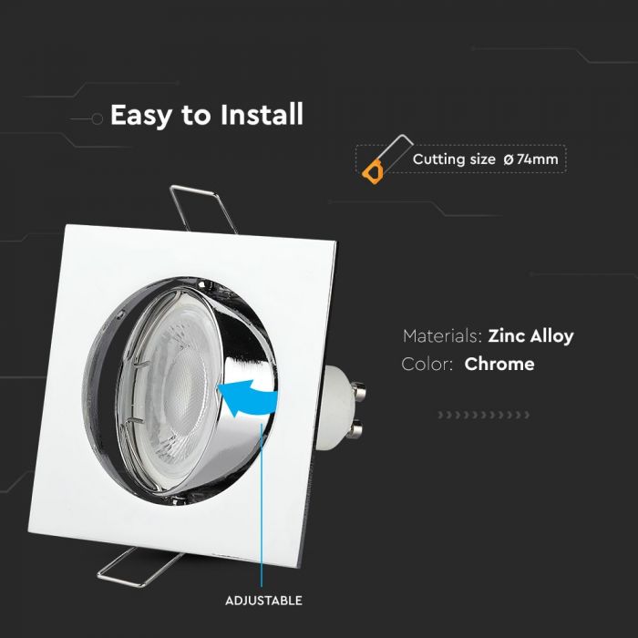 GU10 recessed frame/fixture, square, adjustable light direction, 80X80x25mm, recessed. Ø74mm, chrome-plated, V-TAC