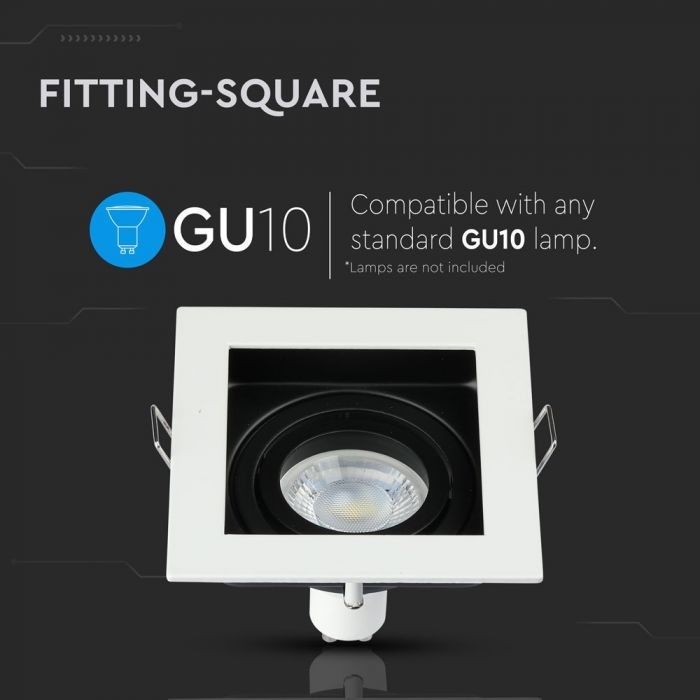 GU10 recessed frame/fixture, square, adjustable light direction, 100x100X38mm, recessed. size 90x90mm, white/black, V-TAC