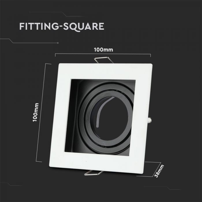GU10 recessed frame/fixture, square, adjustable light direction, 100x100X38mm, recessed. size 90x90mm, white/black, V-TAC