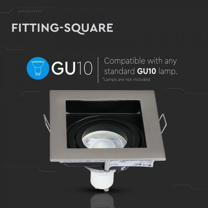 GU10 recessed frame/fixture, square, adjustable light direction, 100x100X38mm, recessed. size 90x90mm, satin nickel, V-TAC