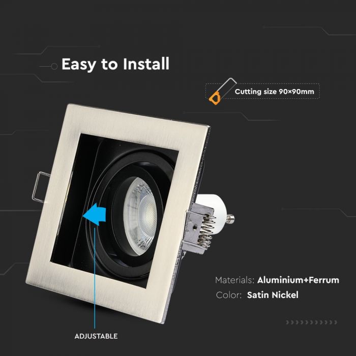 GU10 recessed frame/fixture, square, adjustable light direction, 100x100X38mm, recessed. size 90x90mm, satin nickel, V-TAC