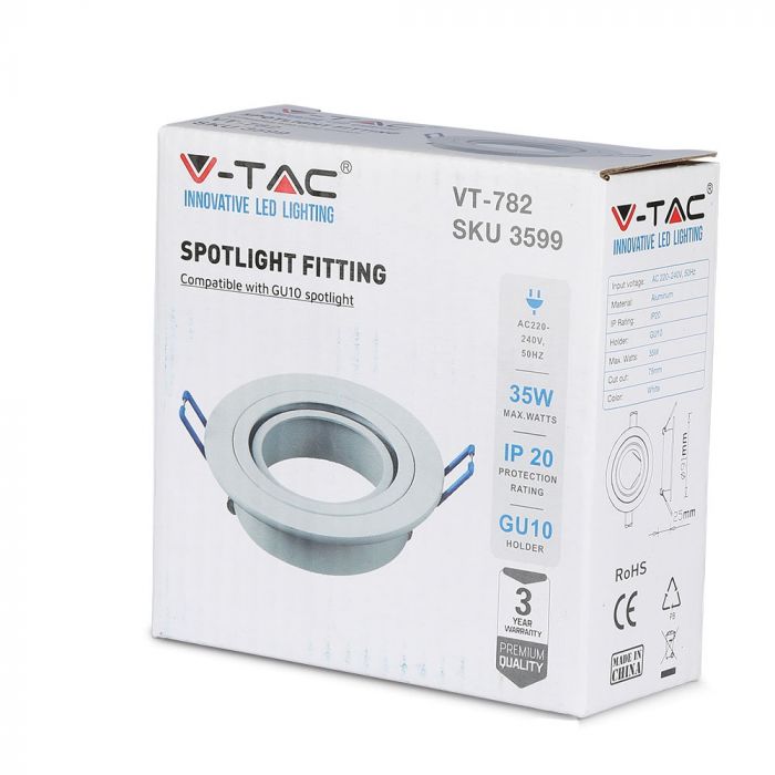 GU11 recessed frame/fixture, round, adjustable light direction, Ø91X25mm, recessed. Ø75mm, white, V-TAC