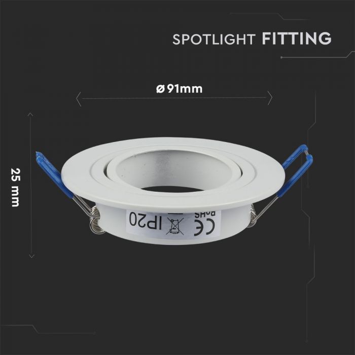 GU11 recessed frame/fixture, round, adjustable light direction, Ø91X25mm, recessed. Ø75mm, white, V-TAC