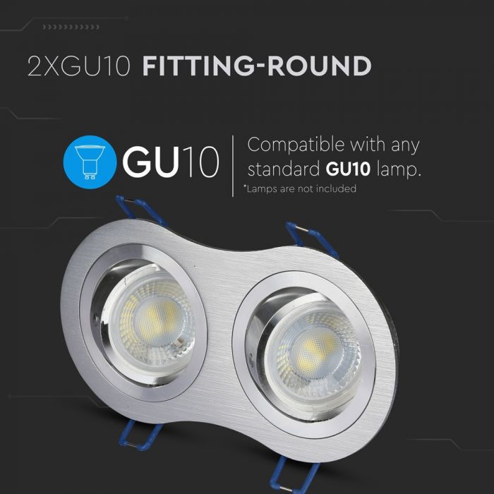 GU10 recessed frame/fixture for 2 bulbs, round shape, adjustable light direction, 173X91mm, recessed 155x75mm, brushed aluminium, V-TAC
