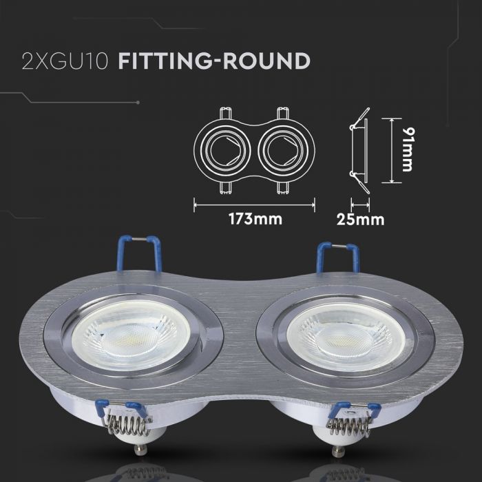GU10 recessed frame/fixture for 2 bulbs, round shape, adjustable light direction, 173X91mm, recessed 155x75mm, brushed aluminium, V-TAC