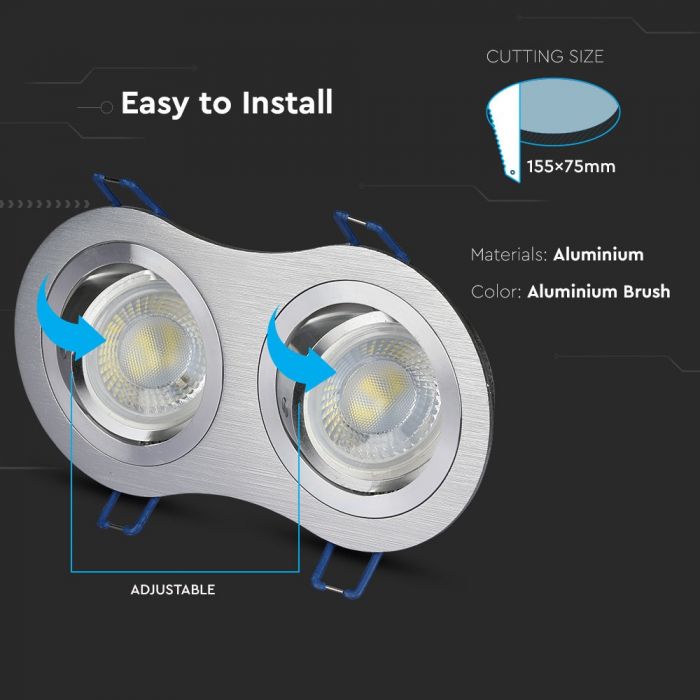 GU10 recessed frame/fixture for 2 bulbs, round shape, adjustable light direction, 173X91mm, recessed 155x75mm, brushed aluminium, V-TAC