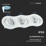 GU10 recessed frame/fixture for 3 bulbs, round shape, adjustable light direction, 255X91mm, recessed 235x75mm, white, V-TAC