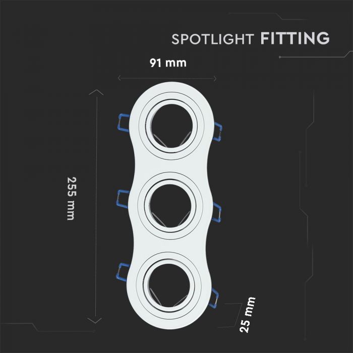 GU10 recessed frame/fixture for 3 bulbs, round shape, adjustable light direction, 255X91mm, recessed 235x75mm, white, V-TAC