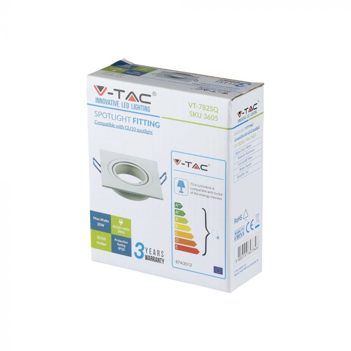 GU10 recessed frame/fixture, square, adjustable light direction, 91X91x25mm, recessed. Ø75mm, white, V-TAC