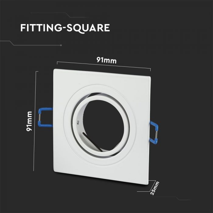 GU10 recessed frame/fixture, square, adjustable light direction, 91X91x25mm, recessed. Ø75mm, white, V-TAC