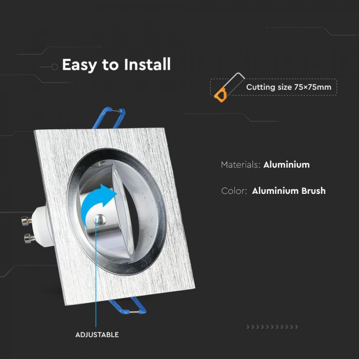 GU10 recessed frame/fixture, square, adjustable light direction, 91X91x25mm, recessed. Ø75mm, brushed aluminium, V-TAC