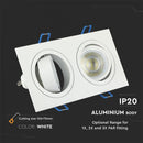 GU10 infälld ram/armatur för 2 glödlampor, kvadratisk form, justerbar ljusriktning, 173X91x25mm, infälld. 155x75mm, vit, V-TAC