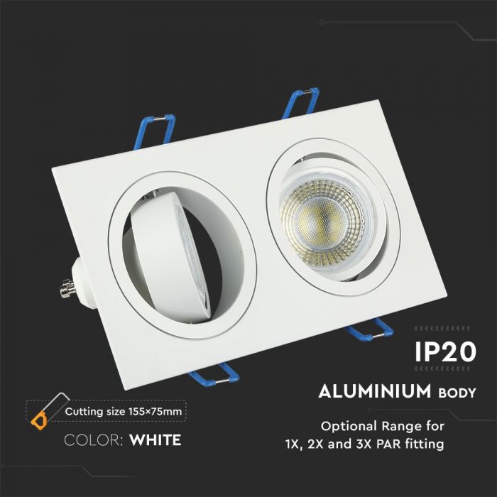 GU10 infälld ram/armatur för 2 glödlampor, kvadratisk form, justerbar ljusriktning, 173X91x25mm, infälld. 155x75mm, vit, V-TAC