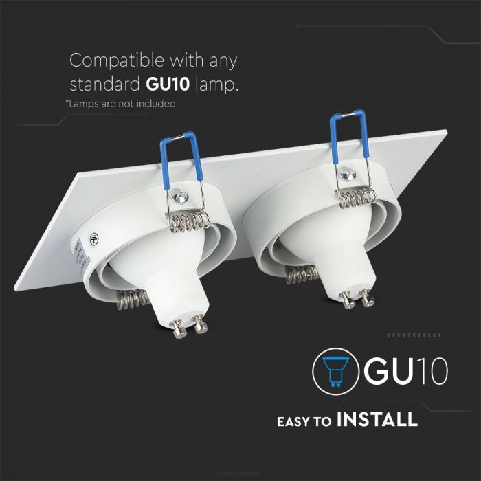 GU10 infälld ram/armatur för 2 glödlampor, kvadratisk form, justerbar ljusriktning, 173X91x25mm, infälld. 155x75mm, vit, V-TAC